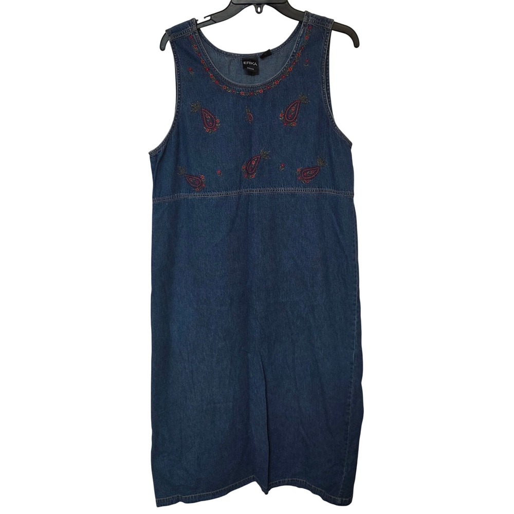 Erika Vintage Blue Denim Embroidered Paisley Floral Maxi Jumper Dress Womens L